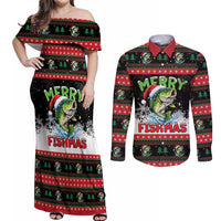 Fishing Christmas Merry Fishmas Couples Matching Off Shoulder Maxi Dress and Long Sleeve Button Shirt We Wish You A Merry Fishmas - Wonder Print Shop