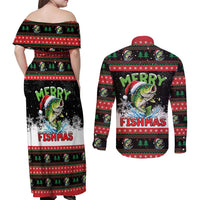 Fishing Christmas Merry Fishmas Couples Matching Off Shoulder Maxi Dress and Long Sleeve Button Shirt We Wish You A Merry Fishmas - Wonder Print Shop