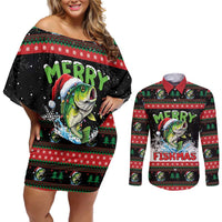 Fishing Christmas Merry Fishmas Couples Matching Off Shoulder Short Dress and Long Sleeve Button Shirt We Wish You A Merry Fishmas - Wonder Print Shop