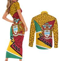 Guyana Republic Day Couples Matching Short Sleeve Bodycon Dress and Long Sleeve Button Shirt Coat Of Arms Leopard Pattern - Wonder Print Shop