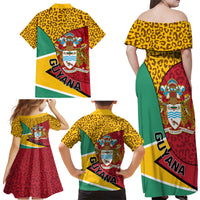 Guyana Republic Day Family Matching Off Shoulder Maxi Dress and Hawaiian Shirt Coat Of Arms Leopard Pattern - Wonder Print Shop
