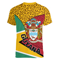 Guyana Republic Day Women V Neck T Shirt Coat Of Arms Leopard Pattern - Wonder Print Shop