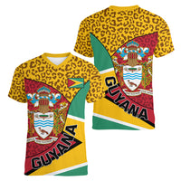 Guyana Republic Day Women V Neck T Shirt Coat Of Arms Leopard Pattern - Wonder Print Shop