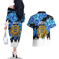 Estonia Independence Day Couples Matching Off The Shoulder Long Sleeve Dress and Hawaiian Shirt Cornflower Unique Style - Wonder Print Shop