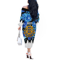 Estonia Independence Day Off The Shoulder Long Sleeve Dress Cornflower Unique Style - Wonder Print Shop