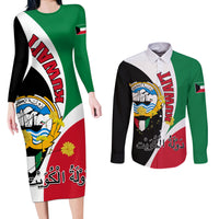 Kuwait National Day Couples Matching Long Sleeve Bodycon Dress and Long Sleeve Button Shirt Kuwayt Coat Of Arms Arfaj Flower - Wonder Print Shop