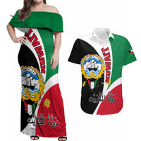 Kuwait National Day Couples Matching Off Shoulder Maxi Dress and Hawaiian Shirt Kuwayt Coat Of Arms Arfaj Flower - Wonder Print Shop