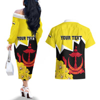 Brunei Darussalam National Day Couples Matching Off The Shoulder Long Sleeve Dress and Hawaiian Shirt Coat Of Arms Simpor Flower - Wonder Print Shop