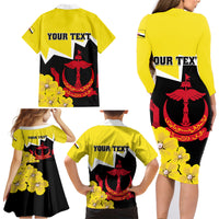 Brunei Darussalam National Day Family Matching Long Sleeve Bodycon Dress and Hawaiian Shirt Coat Of Arms Simpor Flower - Wonder Print Shop