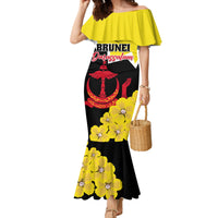 Brunei Darussalam National Day Family Matching Mermaid Dress and Hawaiian Shirt Coat Of Arms Simpor Flower - Wonder Print Shop