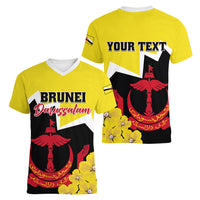 Brunei Darussalam National Day Women V Neck T Shirt Coat Of Arms Simpor Flower - Wonder Print Shop