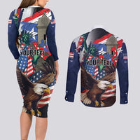 Personalized Puerto Rico 4th of July Couples Matching Long Sleeve Bodycon Dress and Long Sleeve Button Shirt USA Statue of Liberty El Morro