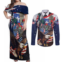 Personalized Puerto Rico 4th of July Couples Matching Off Shoulder Maxi Dress and Long Sleeve Button Shirt USA Statue of Liberty El Morro