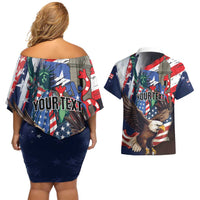 Personalized Puerto Rico 4th of July Couples Matching Off Shoulder Short Dress and Hawaiian Shirt USA Statue of Liberty El Morro