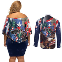 Personalized Puerto Rico 4th of July Couples Matching Off Shoulder Short Dress and Long Sleeve Button Shirt USA Statue of Liberty El Morro