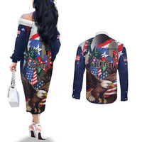 Personalized Puerto Rico 4th of July Couples Matching Off The Shoulder Long Sleeve Dress and Long Sleeve Button Shirt USA Statue of Liberty El Morro