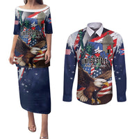 Personalized Puerto Rico 4th of July Couples Matching Puletasi and Long Sleeve Button Shirt USA Statue of Liberty El Morro