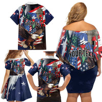 Personalized Puerto Rico 4th of July Family Matching Off Shoulder Short Dress and Hawaiian Shirt USA Statue of Liberty El Morro