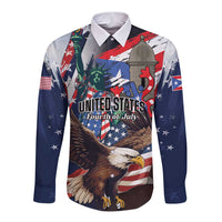 Personalized Puerto Rico 4th of July Long Sleeve Button Shirt USA Statue of Liberty El Morro