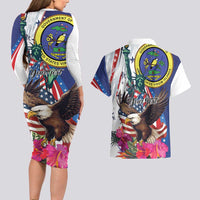 Personalized US Virgin Islands 4th of July Couples Matching Long Sleeve Bodycon Dress and Hawaiian Shirt US Eagle Statue of Liberty