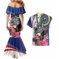 Personalized US Virgin Islands 4th of July Couples Matching Mermaid Dress and Hawaiian Shirt US Eagle Statue of Liberty