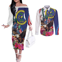 Personalized US Virgin Islands 4th of July Couples Matching Off The Shoulder Long Sleeve Dress and Long Sleeve Button Shirt US Eagle Statue of Liberty