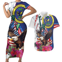 Personalized US Virgin Islands 4th of July Couples Matching Short Sleeve Bodycon Dress and Hawaiian Shirt US Eagle Statue of Liberty