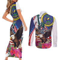 Personalized US Virgin Islands 4th of July Couples Matching Short Sleeve Bodycon Dress and Long Sleeve Button Shirt US Eagle Statue of Liberty
