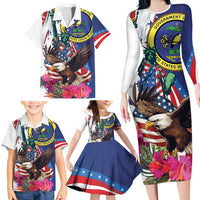 Personalized US Virgin Islands 4th of July Family Matching Long Sleeve Bodycon Dress and Hawaiian Shirt US Eagle Statue of Liberty