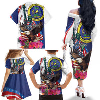 Personalized US Virgin Islands 4th of July Family Matching Off The Shoulder Long Sleeve Dress and Hawaiian Shirt US Eagle Statue of Liberty