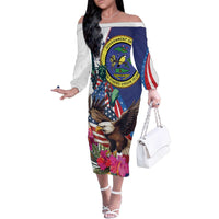 Personalized US Virgin Islands 4th of July Family Matching Off The Shoulder Long Sleeve Dress and Hawaiian Shirt US Eagle Statue of Liberty