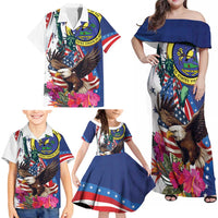 Personalized US Virgin Islands 4th of July Family Matching Off Shoulder Maxi Dress and Hawaiian Shirt US Eagle Statue of Liberty