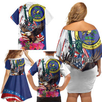 Personalized US Virgin Islands 4th of July Family Matching Off Shoulder Short Dress and Hawaiian Shirt US Eagle Statue of Liberty