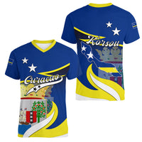 Curacao Women V Neck T Shirt Coat Of Arms With Map Special Version - Wonder Print Shop