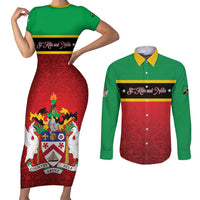 Personalized Saint Kitts and Nevis Royal Pattern Couples Matching Short Sleeve Bodycon Dress and Long Sleeve Button Shirt - Wonder Print Shop