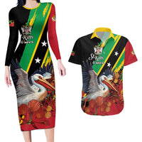 Personalized Saint Kitts and Nevis Pelican Couples Matching Long Sleeve Bodycon Dress and Hawaiian Shirt Royal Poinciana Flowers - Wonder Print Shop