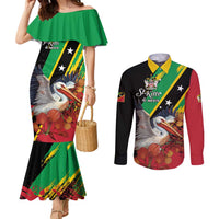 Personalized Saint Kitts and Nevis Pelican Couples Matching Mermaid Dress and Long Sleeve Button Shirt Royal Poinciana Flowers - Wonder Print Shop