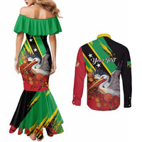 Personalized Saint Kitts and Nevis Pelican Couples Matching Mermaid Dress and Long Sleeve Button Shirt Royal Poinciana Flowers - Wonder Print Shop