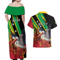 Personalized Saint Kitts and Nevis Pelican Couples Matching Off Shoulder Maxi Dress and Hawaiian Shirt Royal Poinciana Flowers - Wonder Print Shop