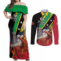 Personalized Saint Kitts and Nevis Pelican Couples Matching Off Shoulder Maxi Dress and Long Sleeve Button Shirt Royal Poinciana Flowers - Wonder Print Shop
