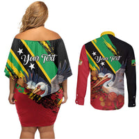 Personalized Saint Kitts and Nevis Pelican Couples Matching Off Shoulder Short Dress and Long Sleeve Button Shirt Royal Poinciana Flowers - Wonder Print Shop