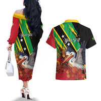 Personalized Saint Kitts and Nevis Pelican Couples Matching Off The Shoulder Long Sleeve Dress and Hawaiian Shirt Royal Poinciana Flowers - Wonder Print Shop
