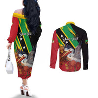 Personalized Saint Kitts and Nevis Pelican Couples Matching Off The Shoulder Long Sleeve Dress and Long Sleeve Button Shirt Royal Poinciana Flowers - Wonder Print Shop