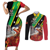 Personalized Saint Kitts and Nevis Pelican Couples Matching Short Sleeve Bodycon Dress and Long Sleeve Button Shirt Royal Poinciana Flowers - Wonder Print Shop