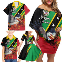 Personalized Saint Kitts and Nevis Pelican Family Matching Off Shoulder Short Dress and Hawaiian Shirt Royal Poinciana Flowers - Wonder Print Shop