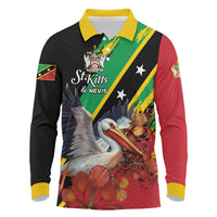Personalized Saint Kitts and Nevis Pelican Long Sleeve Polo Shirt Royal Poinciana Flowers - Wonder Print Shop