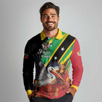 Personalized Saint Kitts and Nevis Pelican Long Sleeve Polo Shirt Royal Poinciana Flowers - Wonder Print Shop