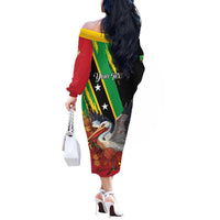 Personalized Saint Kitts and Nevis Pelican Off The Shoulder Long Sleeve Dress Royal Poinciana Flowers - Wonder Print Shop