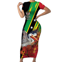 Personalized Saint Kitts and Nevis Pelican Short Sleeve Bodycon Dress Royal Poinciana Flowers - Wonder Print Shop