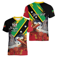 Personalized Saint Kitts and Nevis Pelican Women V-Neck T-Shirt Royal Poinciana Flowers - Wonder Print Shop